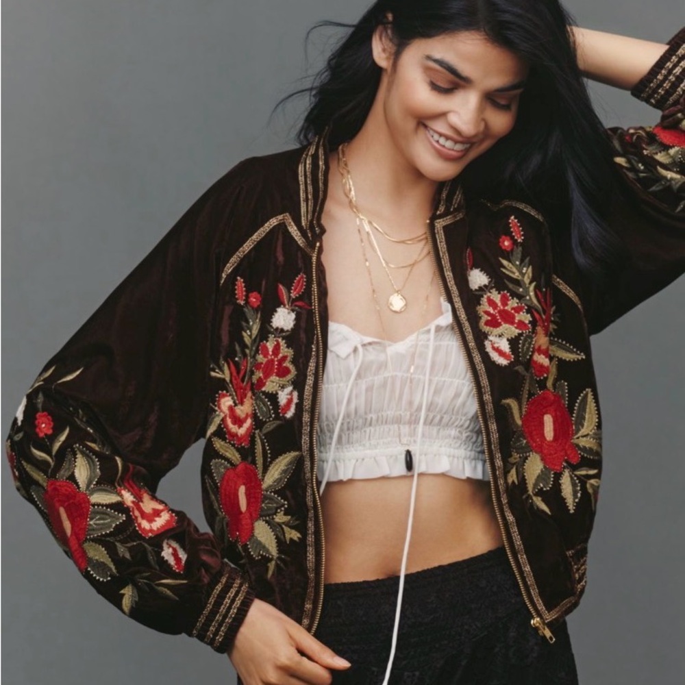 NWT Anthropologie Velvet Embroidered Bomber Jacket